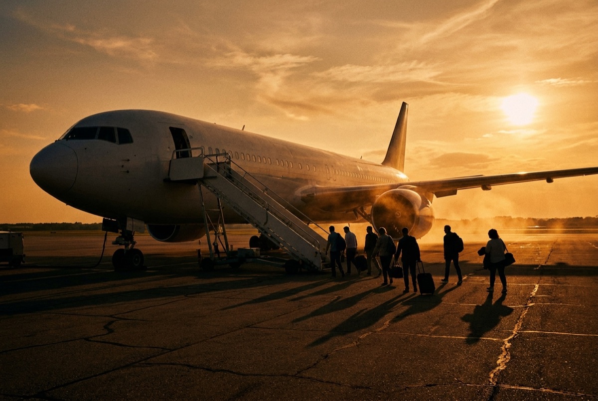Passengers boarding a widebody aircraft via airstairs on open tarmac at golden hour