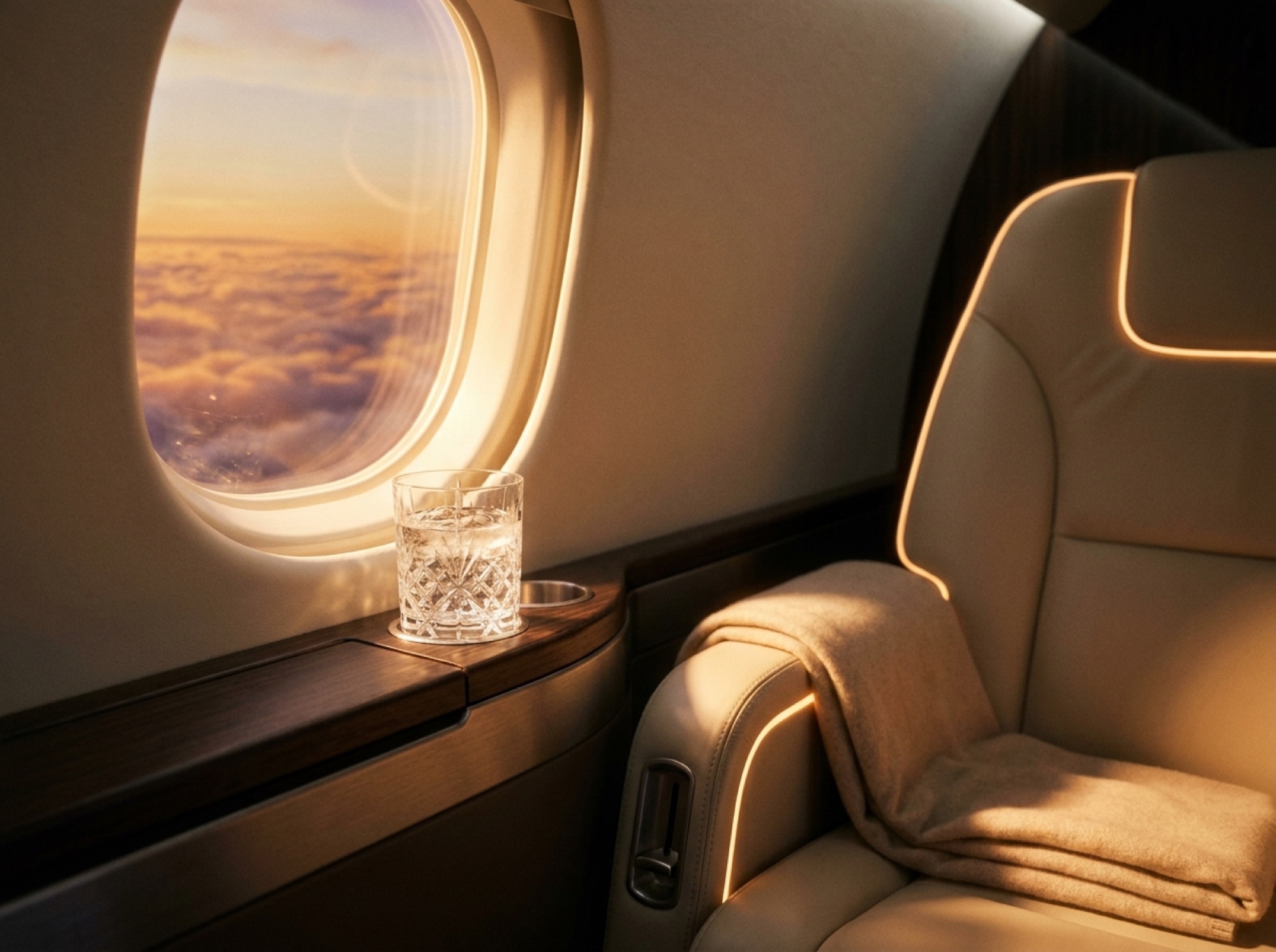 A window seat with a cut crystal glass catching golden light, a cloud sea through the window