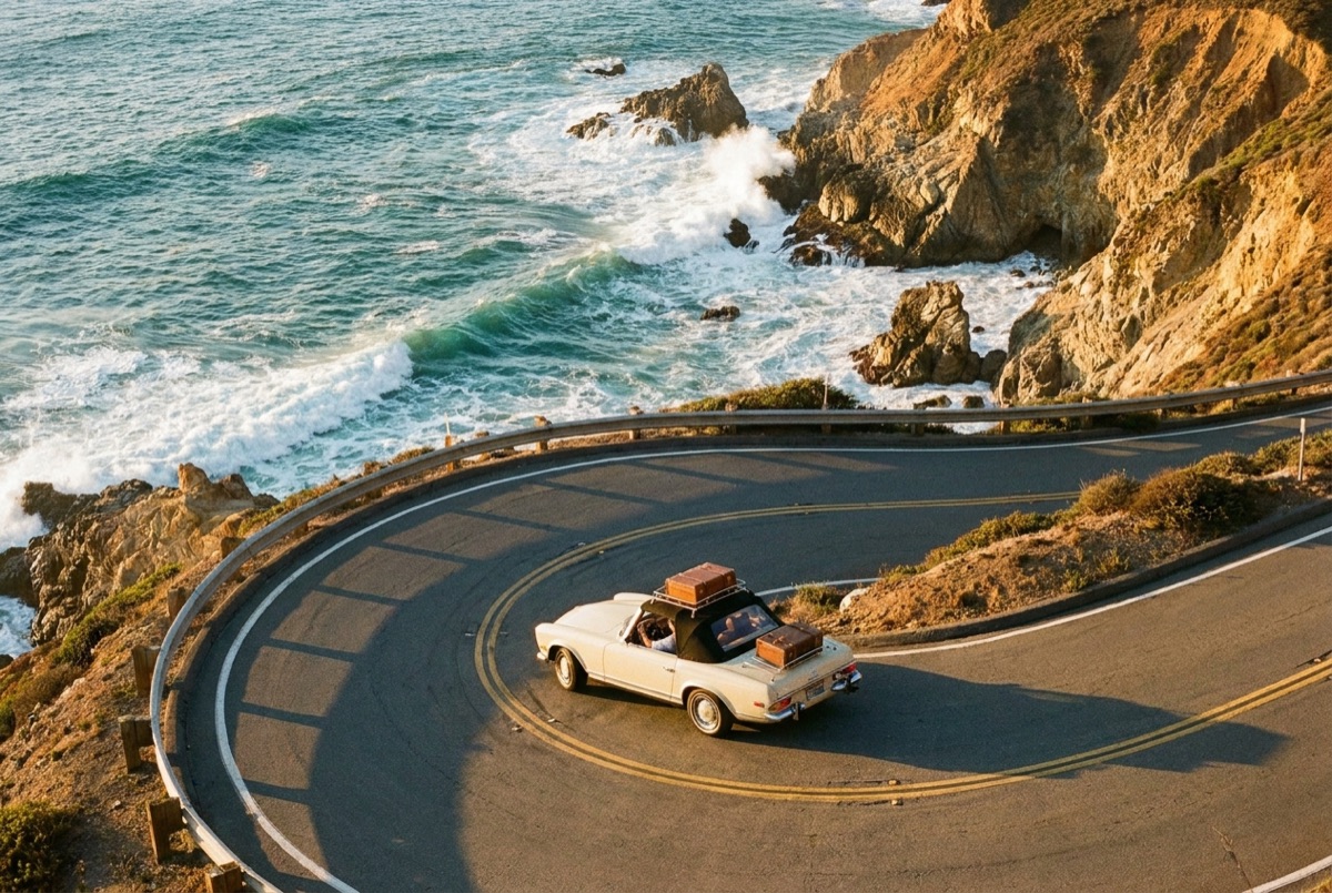 A vintage car with luggage rounding a coastal cliff road hairpin at golden hour