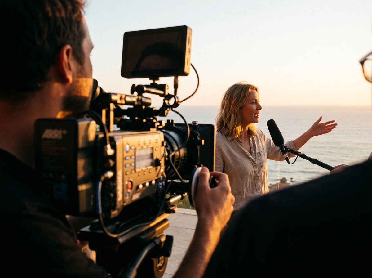 A presenter mid-sentence to camera on a terrace at golden hour, cinema camera and operator in the foreground