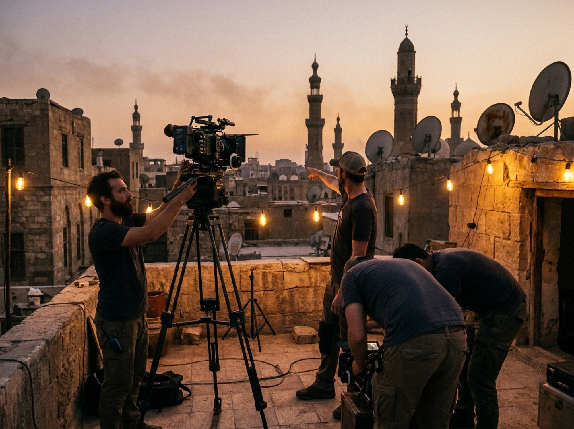 A film crew at work on a rooftop at dusk, a cinema camera silhouetted against an old city skyline