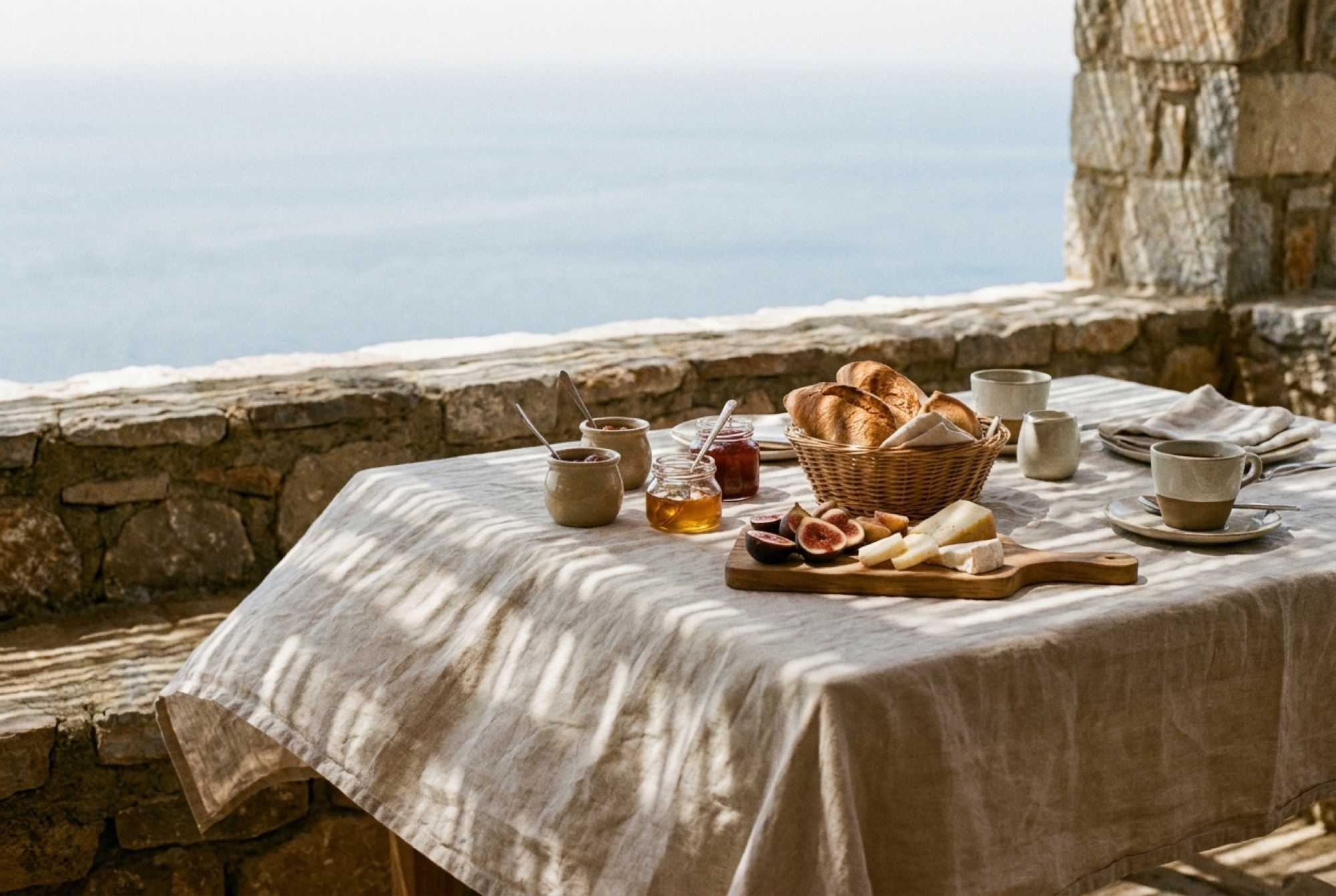 Breakfast laid on a stone terrace above the sea in morning light