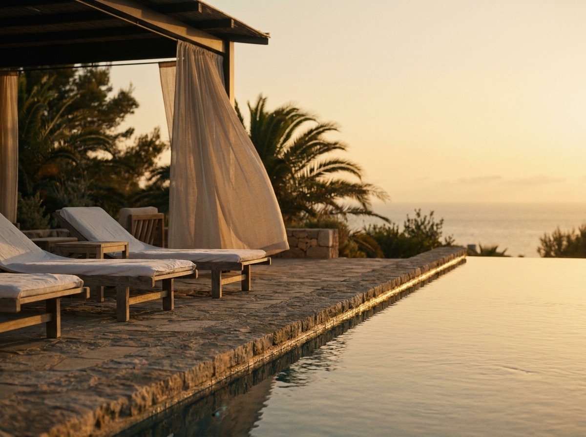 A coastal hotel terrace at golden hour, linen curtain lifting beside an infinity pool, palms and ocean behind