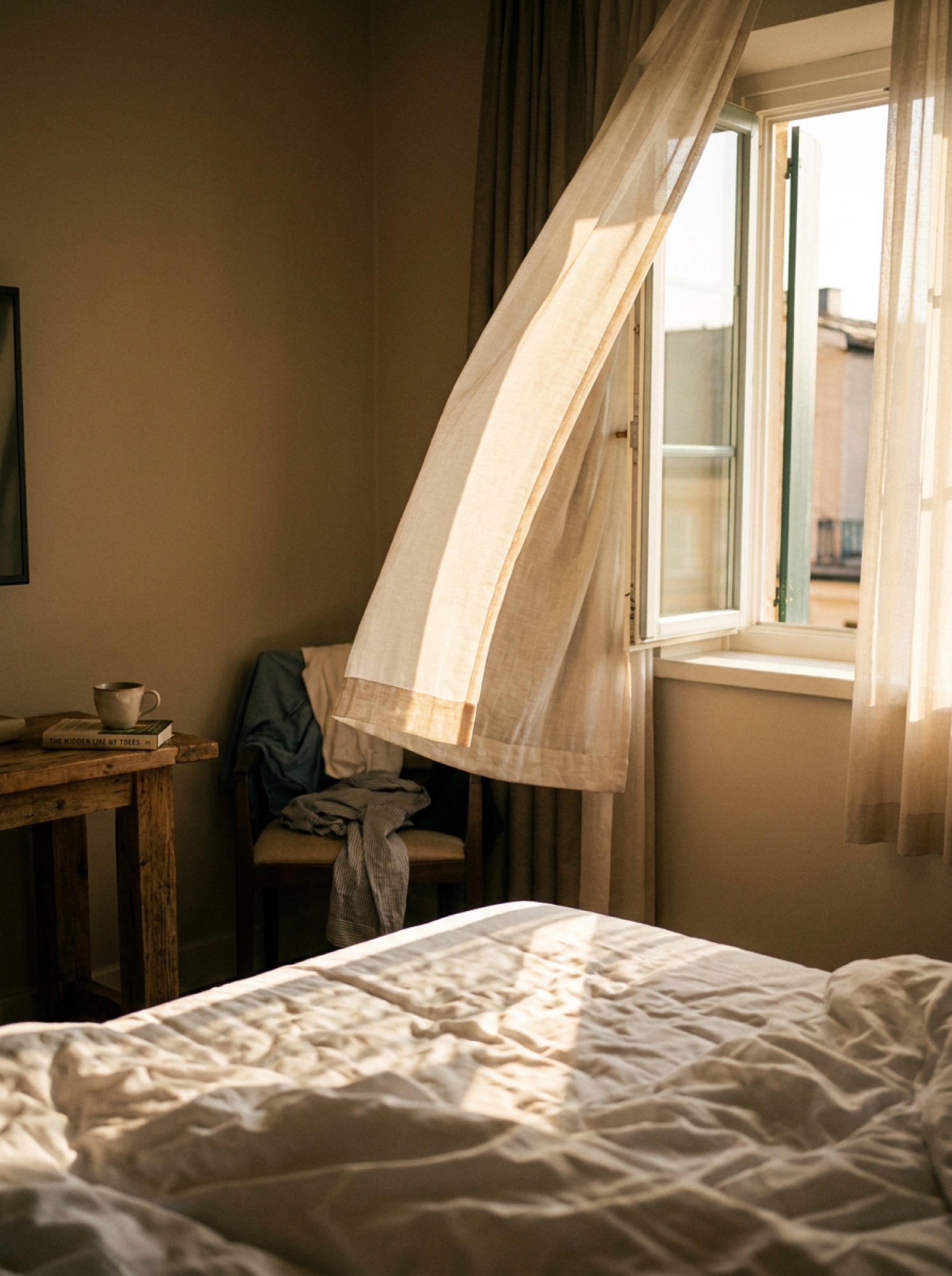 A hotel bedroom in first light, sheer curtain mid breath over rumpled linen