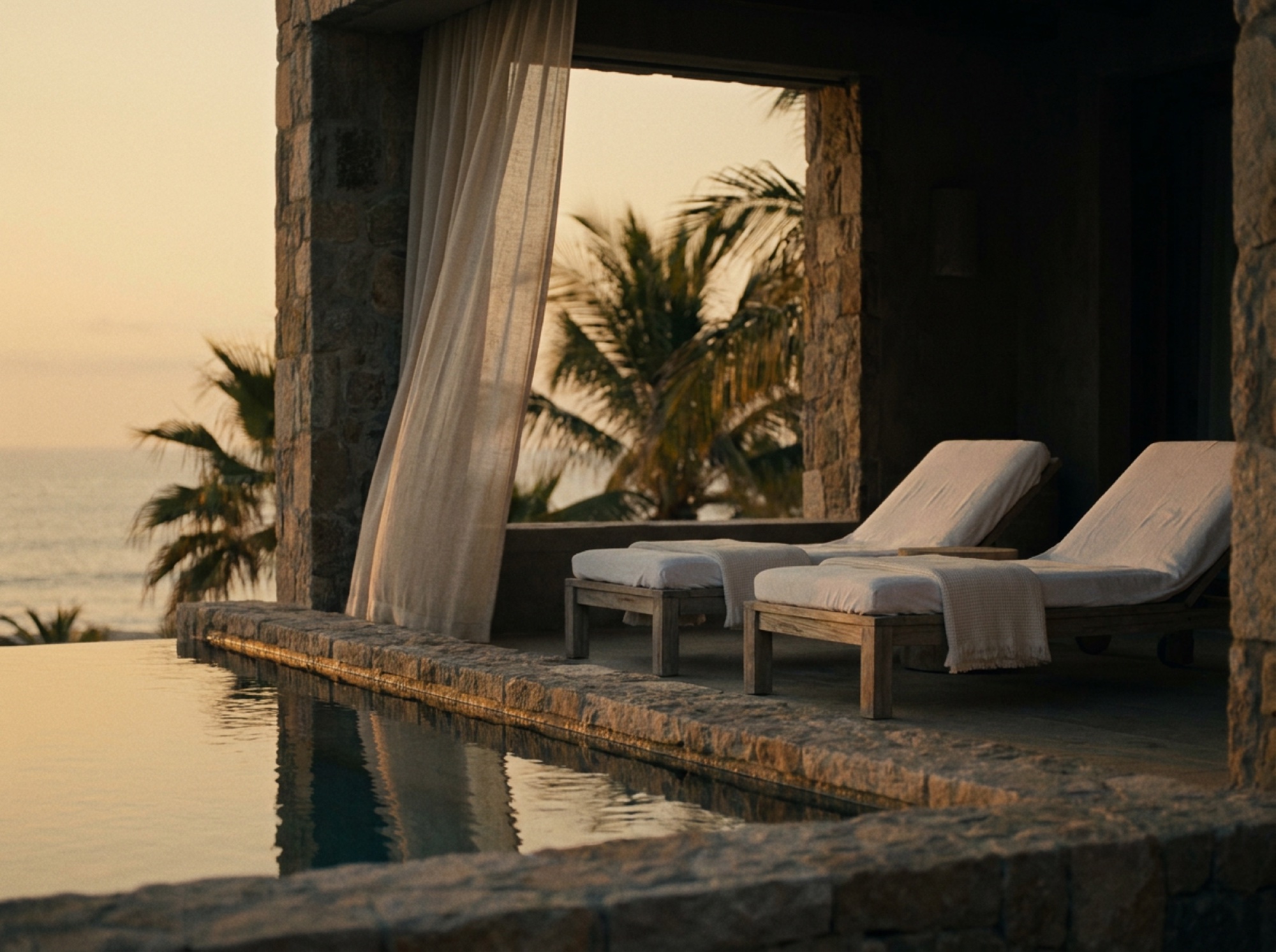 A stone terrace with loungers and a linen curtain beside a pool at sunset