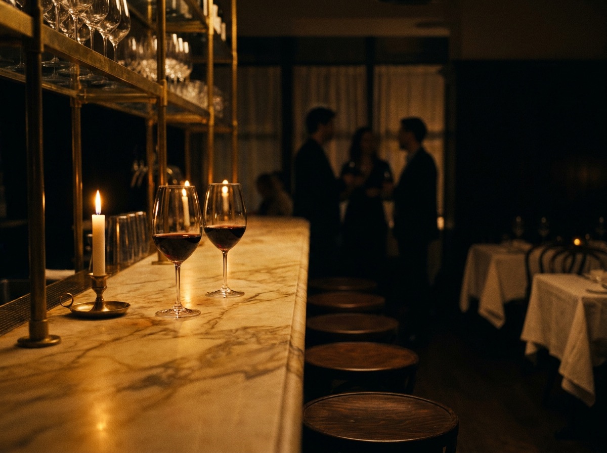 A candlelit marble bar with wine glasses and brass fittings