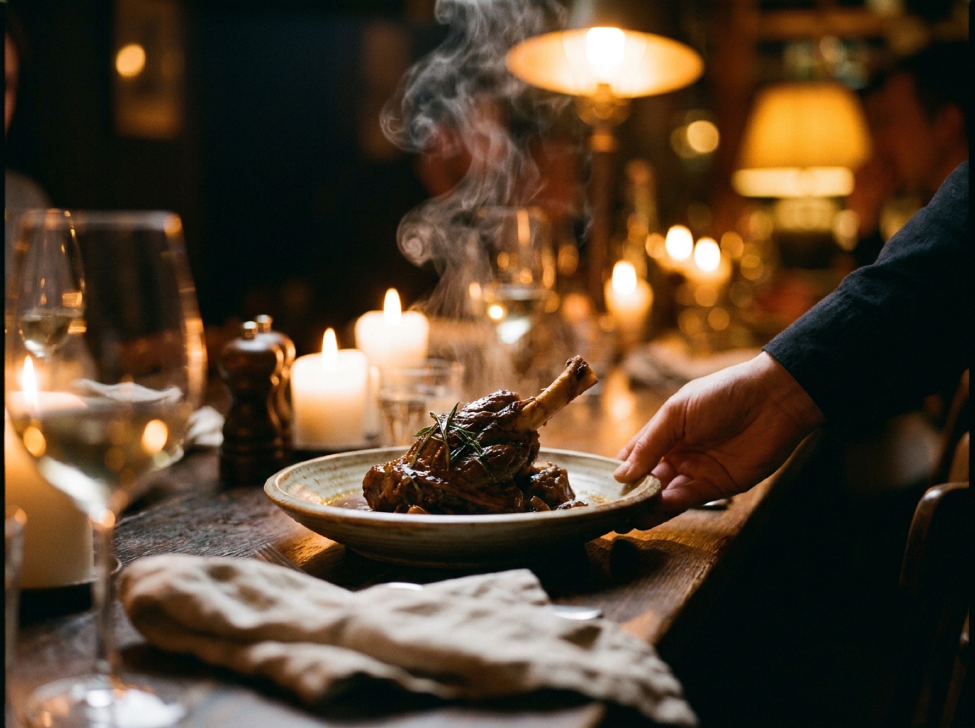 A steaming dish set down on a candlelit table, the server's hand just leaving frame