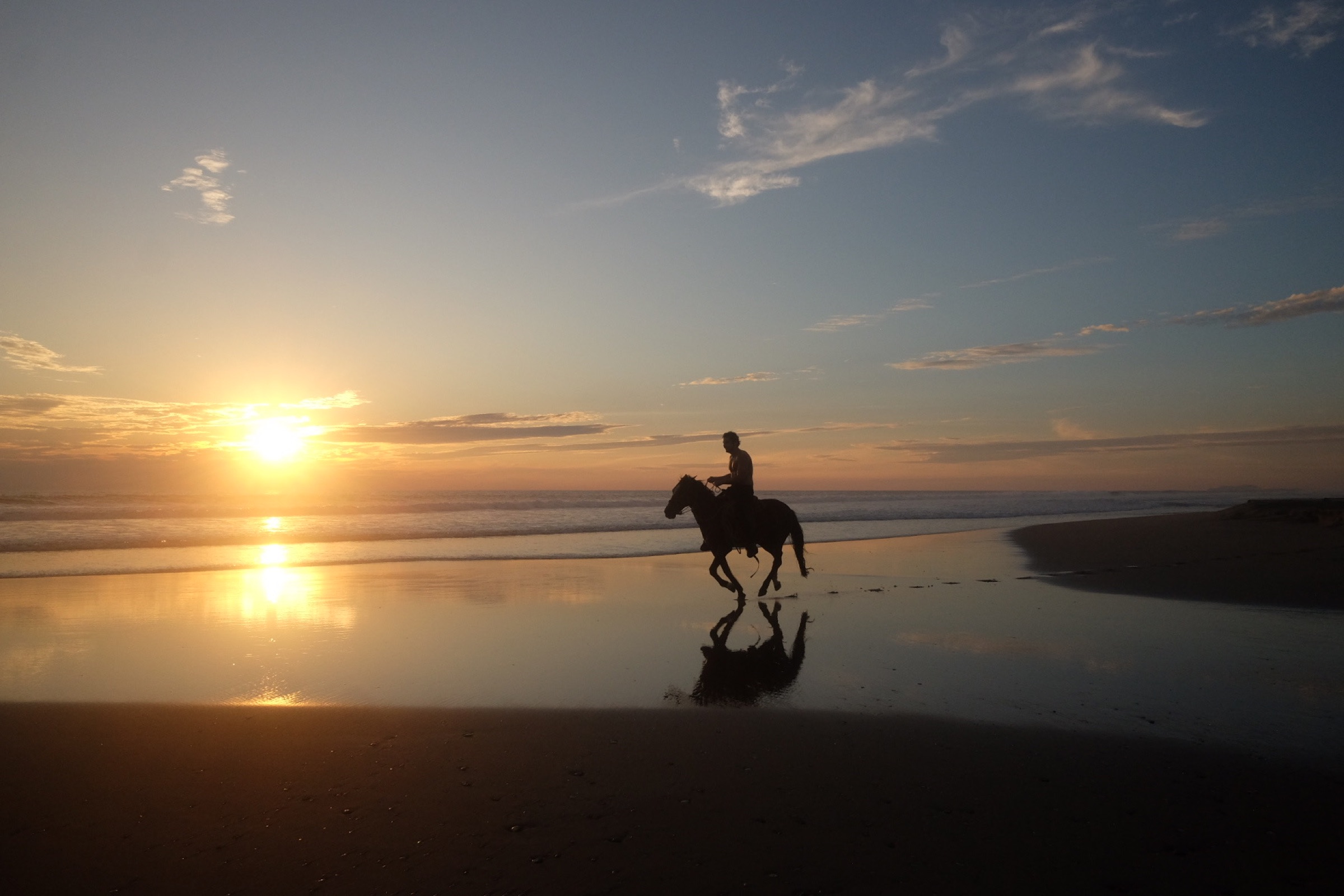 A rider galloping along the shoreline at sunset, mirrored in the wet sand