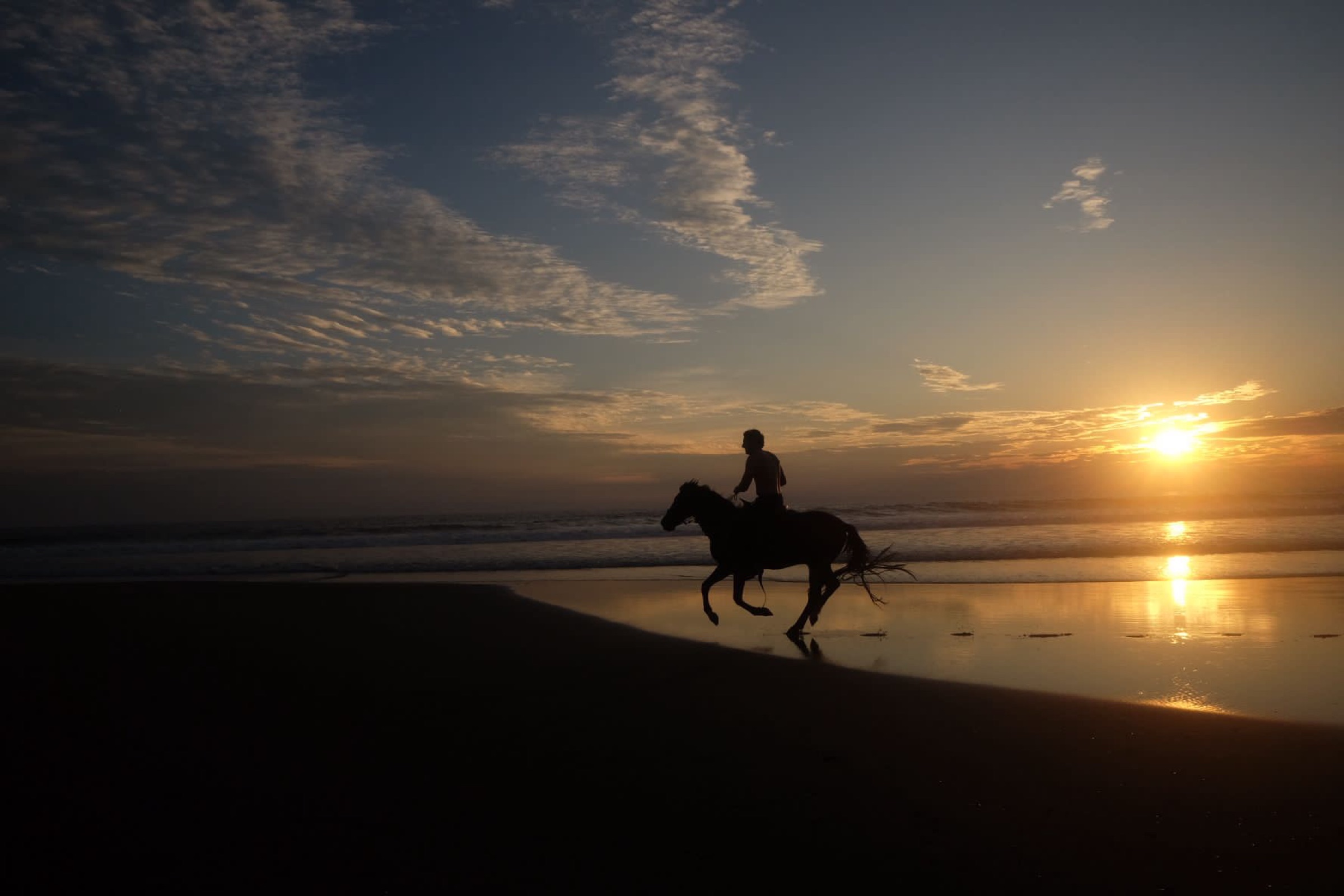 A wide frame of a rider galloping along the shoreline at sunset