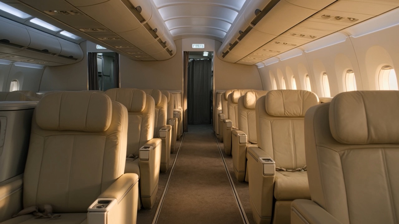 A premium cabin at golden hour, warm light raking across cream leather seats